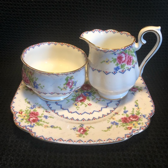 Petit Point cream, sugar & dessert plate by Royal Albert - Picture 2 of 5